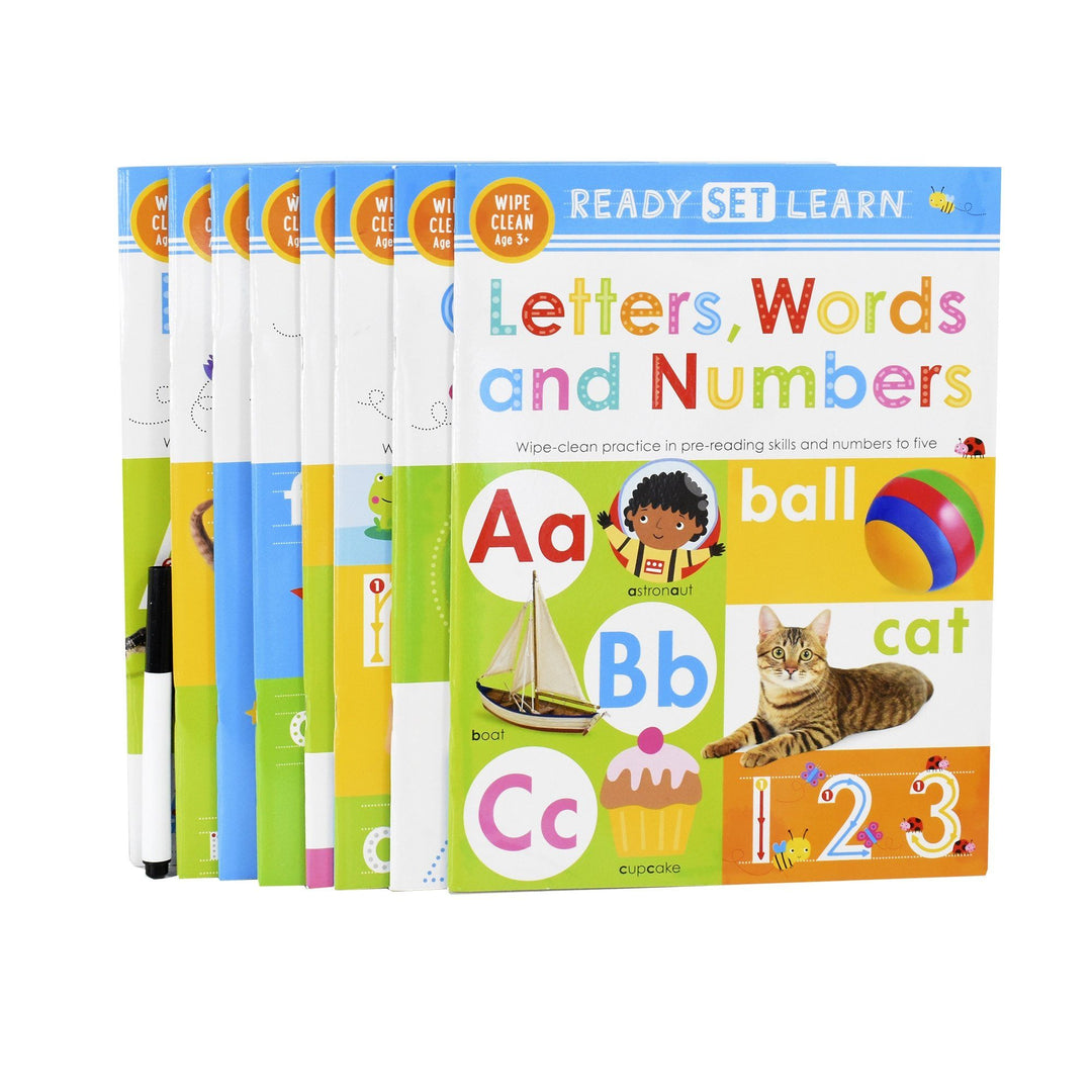 Ready Set Learn 8 Early Learning Wipe Clean Books Colours Shapes Numbers Phonics Handwriting Counting - Ages 5-7 – Paperback 5-7 Make Believe Ideas