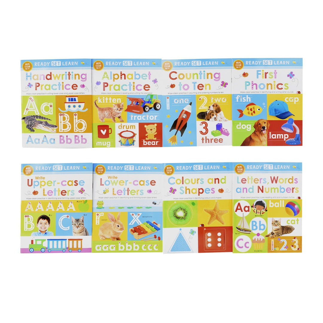 Ready Set Learn 8 Early Learning Wipe Clean Books Colours Shapes Numbers Phonics Handwriting Counting - Ages 5-7 – Paperback 5-7 Make Believe Ideas