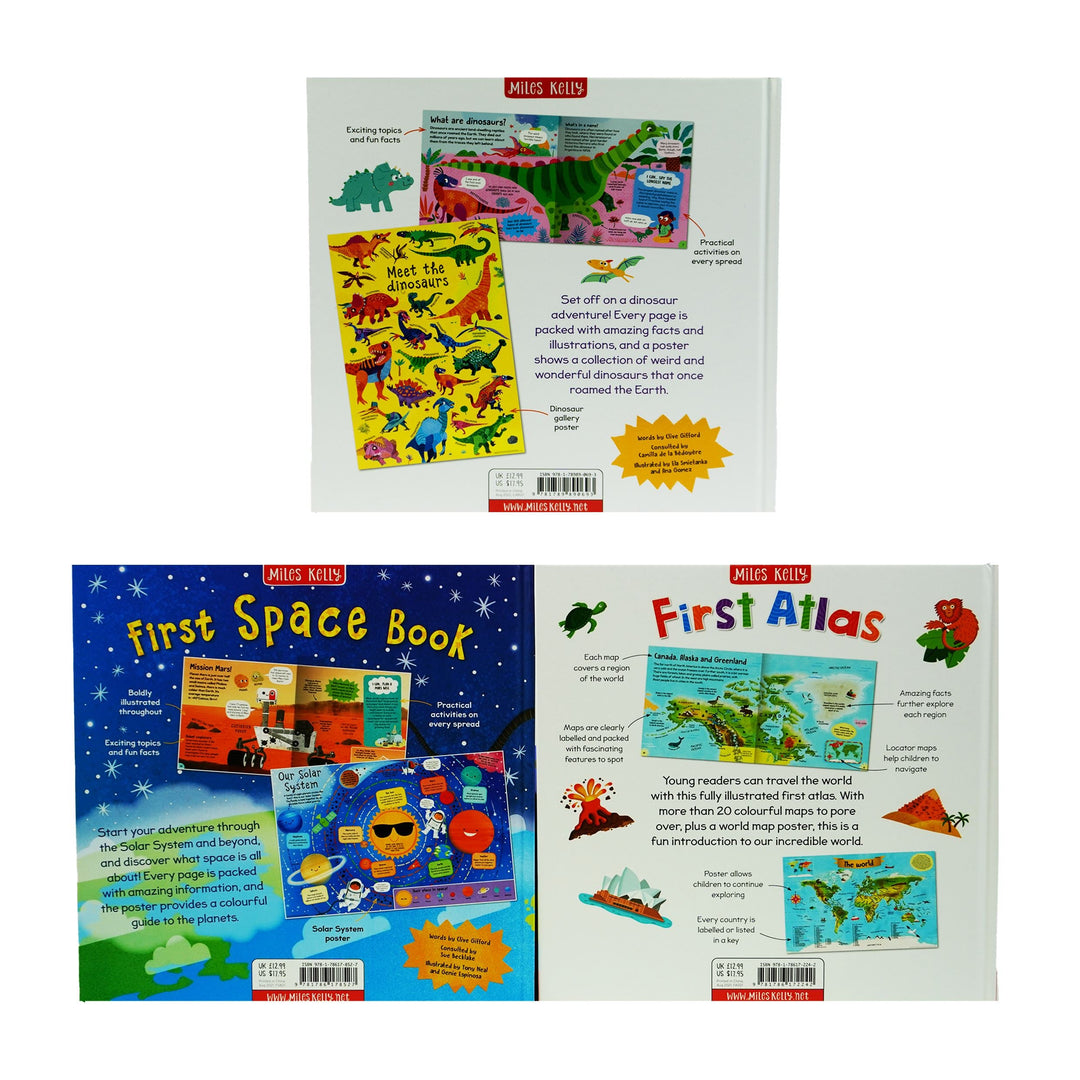 Children's First Facts Collection 3 Books Box Set With Posters (Atlas, Dinosaurs & Space) - Ages 5 Years and Up - Hardback