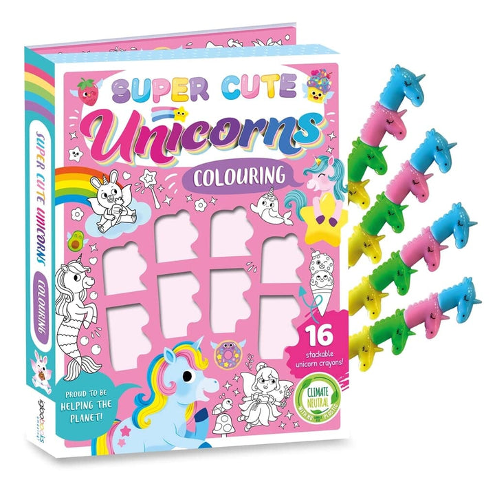 Super Cute Unicorns Colouring Book With 16 Stackable Unicorn Crayons! - Ages 3-6 - Paperback