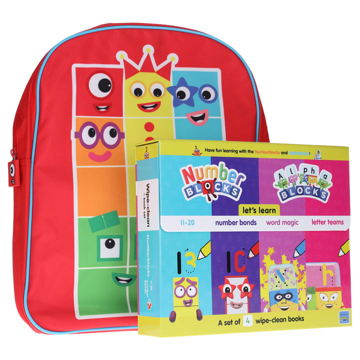 Numberblocks And Alphablocks Wipe Clean 4 Books & Numberblocks Red Backpack - Ages 1-7 - Board Book