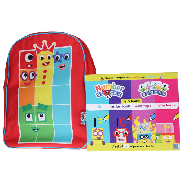 Numberblocks And Alphablocks Wipe Clean 4 Books & Numberblocks Red Backpack - Ages 1-7 - Board Book