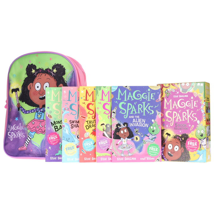 Maggie Sparks Exclusive Bundle: 5 Books Collection Box Set & Maggie Sparks Backpack: Children's Nursery Pink & Purple School Bag - Ages 3-7