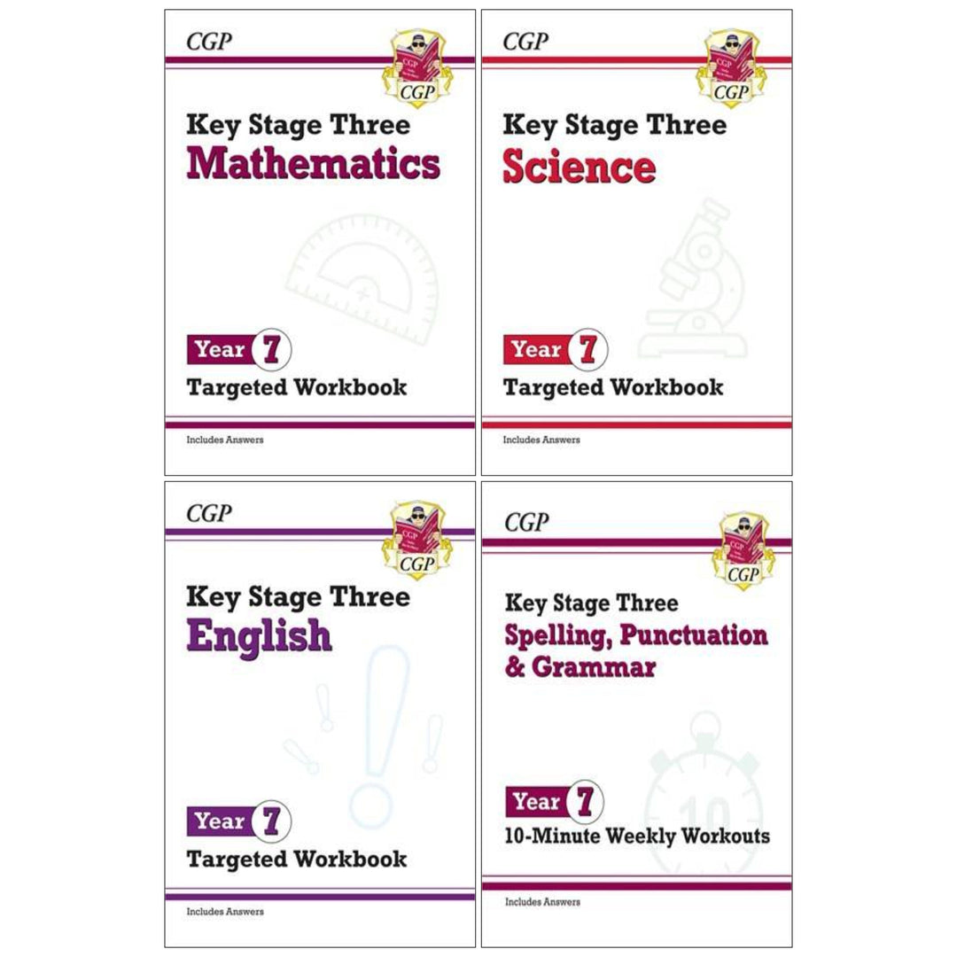 CGP KS3 (Year 7) Targeted Workbook Bundle (Includes Answers) 4 Books Collection Set - Paperback
