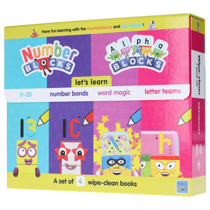 Numberblocks And Alphablocks Wipe Clean 4 Books & Numberblocks Red Backpack - Ages 1-7 - Board Book