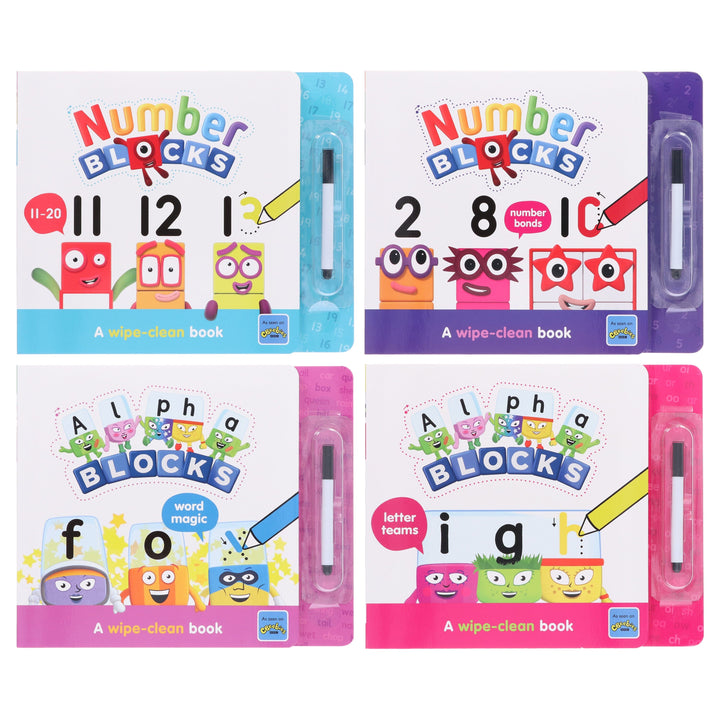 Numberblocks And Alphablocks Wipe Clean 4 Books & Numberblocks Red Backpack - Ages 1-7 - Board Book